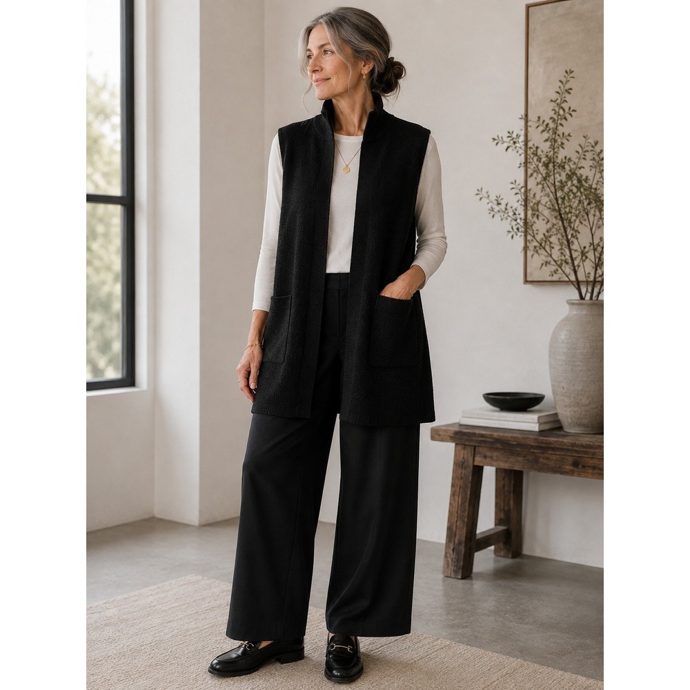 Eileen Fisher Black Boucle Knit Funnel Neck Snap Front Vest Large L Cotton Blend